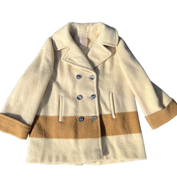 Hudson's Bay Company Vintage Women's Wool Overcoat Jacket Cream Brown SZ Large